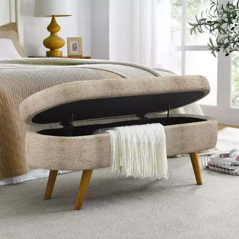 Banc ottoman de rangement ovale Okak Modern en lin avec pieds en bois d'hévéa, long repose-pieds de rangement souple pour salon, entrée, chambre à coucher
