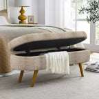 Banc ottoman de rangement ovale Okak Modern en lin avec pieds en bois d'hévéa, long repose-pieds de rangement souple pour salon, entrée, chambre à coucher