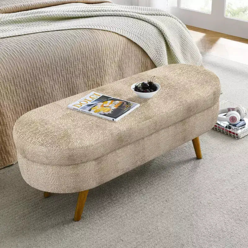 Banc ottoman de rangement ovale Okak Modern en lin avec pieds en bois d'hévéa, long repose-pieds de rangement souple pour salon, entrée, chambre à coucher