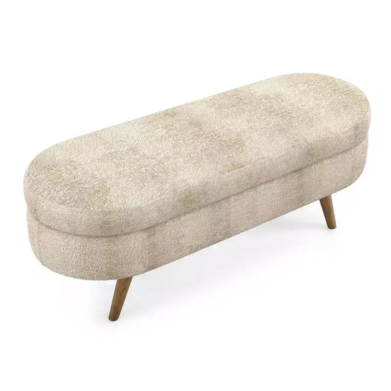 Banc ottoman de rangement ovale Okak Modern en lin avec pieds en bois d'hévéa, long repose-pieds de rangement souple pour salon, entrée, chambre à coucher
