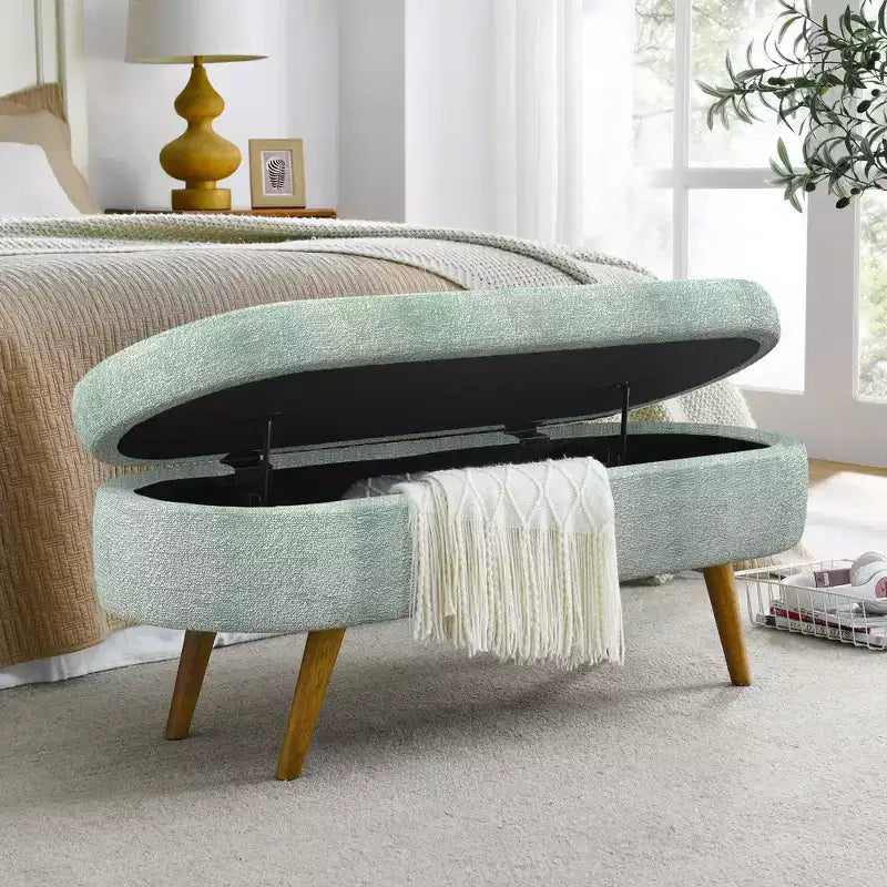 Banc ottoman de rangement ovale Okak Modern en lin avec pieds en bois d'hévéa, long repose-pieds de rangement souple pour salon, entrée, chambre à coucher