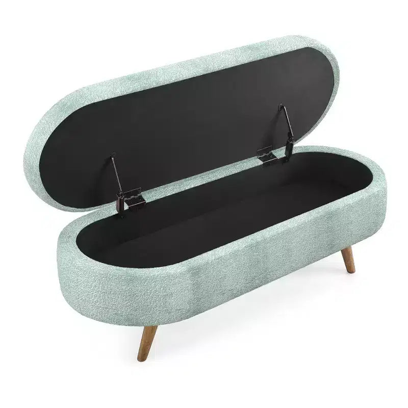 Banc ottoman de rangement ovale Okak Modern en lin avec pieds en bois d'hévéa, long repose-pieds de rangement souple pour salon, entrée, chambre à coucher