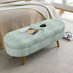 Banc ottoman de rangement ovale Okak Modern en lin avec pieds en bois d'hévéa, long repose-pieds de rangement souple pour salon, entrée, chambre à coucher