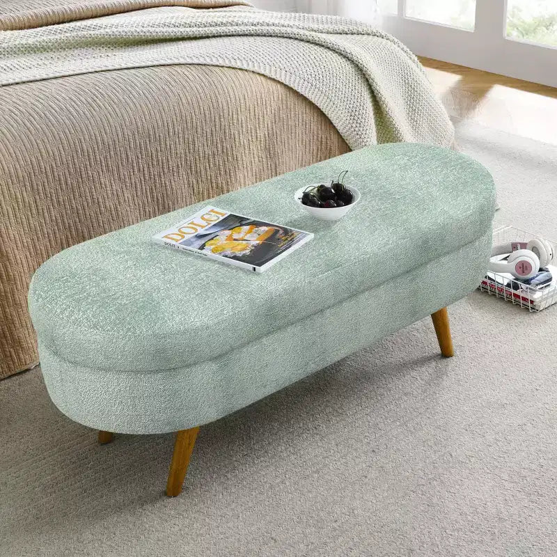 Banc ottoman de rangement ovale Okak Modern en lin avec pieds en bois d'hévéa, long repose-pieds de rangement souple pour salon, entrée, chambre à coucher
