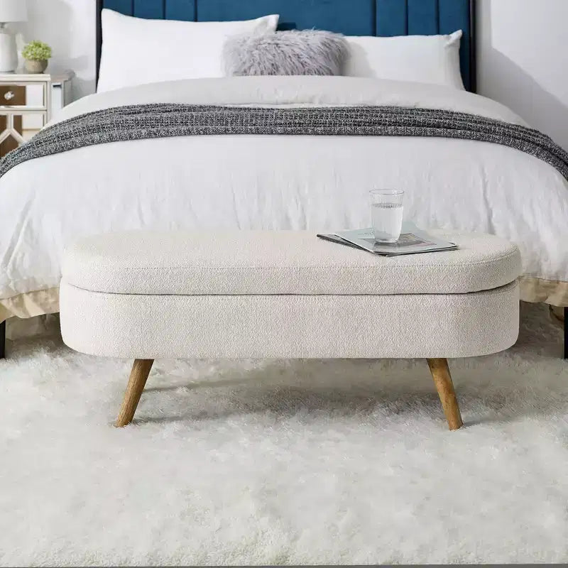 Banc ottoman de rangement ovale Okak Modern en lin avec pieds en bois d'hévéa, long repose-pieds de rangement souple pour salon, entrée, chambre à coucher