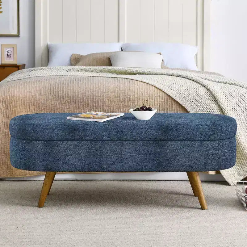 Banc ottoman de rangement ovale Okak Modern en lin avec pieds en bois d'hévéa, long repose-pieds de rangement souple pour salon, entrée, chambre à coucher