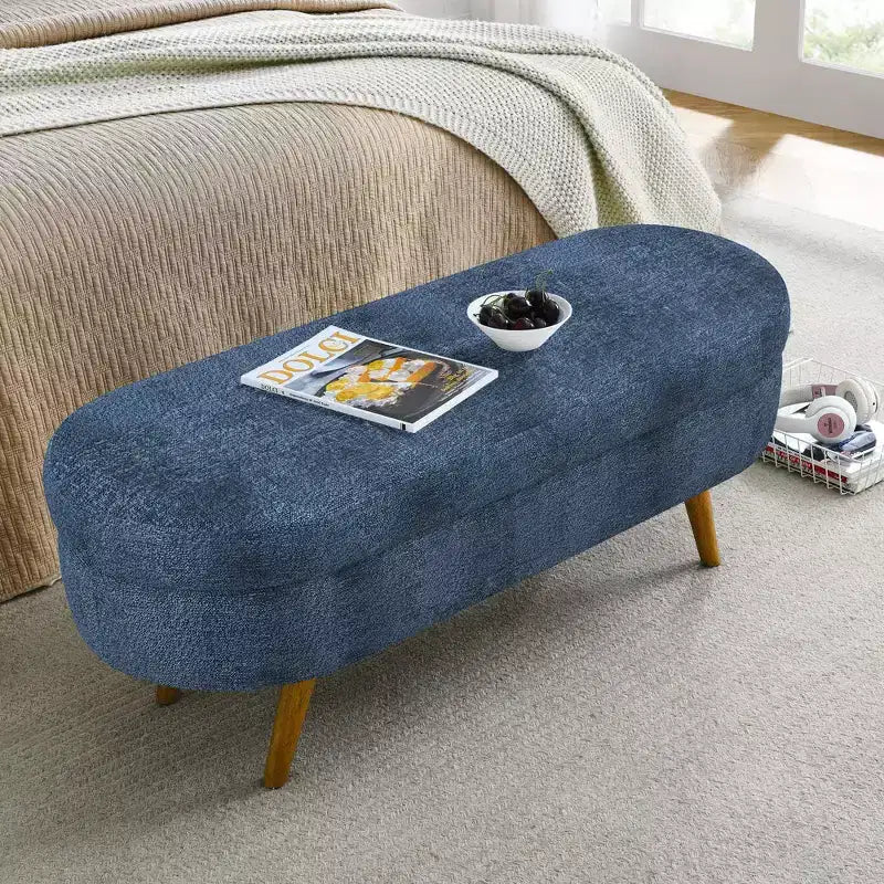 Banc ottoman de rangement ovale Okak Modern en lin avec pieds en bois d'hévéa, long repose-pieds de rangement souple pour salon, entrée, chambre à coucher