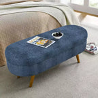 Banc ottoman de rangement ovale Okak Modern en lin avec pieds en bois d'hévéa, long repose-pieds de rangement souple pour salon, entrée, chambre à coucher
