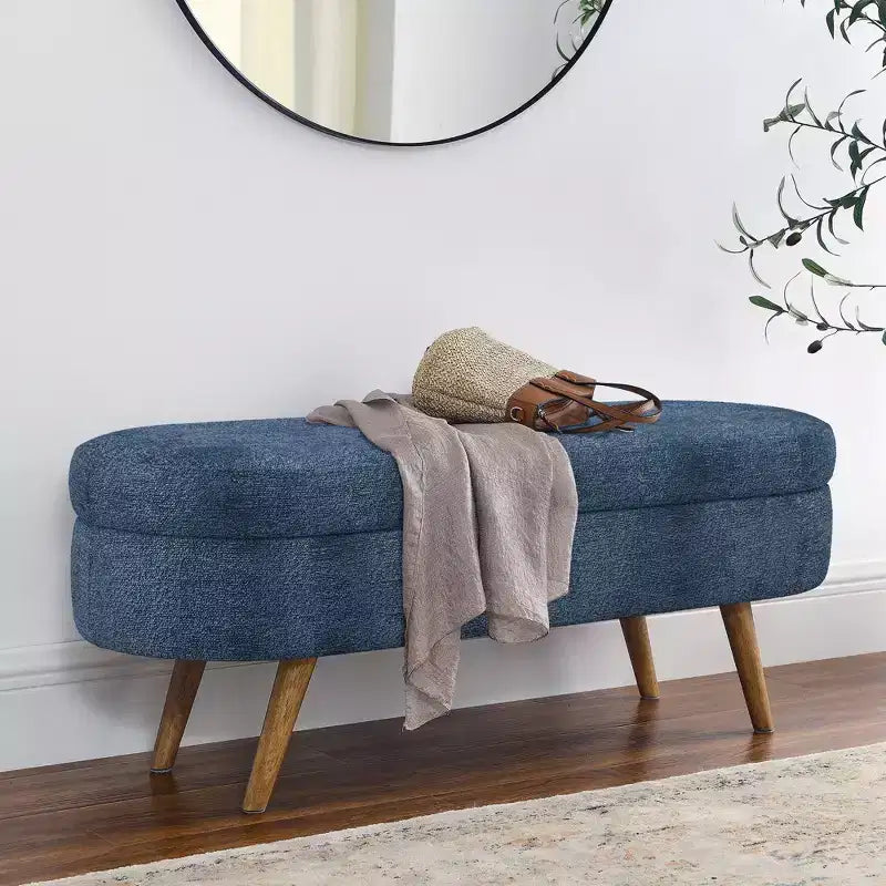 Banc ottoman de rangement ovale Okak Modern en lin avec pieds en bois d'hévéa, long repose-pieds de rangement souple pour salon, entrée, chambre à coucher