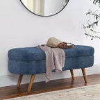 Banc ottoman de rangement ovale Okak Modern en lin avec pieds en bois d'hévéa, long repose-pieds de rangement souple pour salon, entrée, chambre à coucher