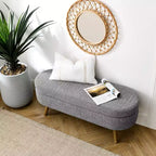 Banc ottoman de rangement ovale Okak Modern en lin avec pieds en bois d'hévéa, long repose-pieds de rangement souple pour salon, entrée, chambre à coucher