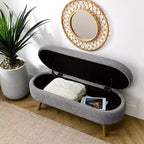 Banc ottoman de rangement ovale Okak Modern en lin avec pieds en bois d'hévéa, long repose-pieds de rangement souple pour salon, entrée, chambre à coucher