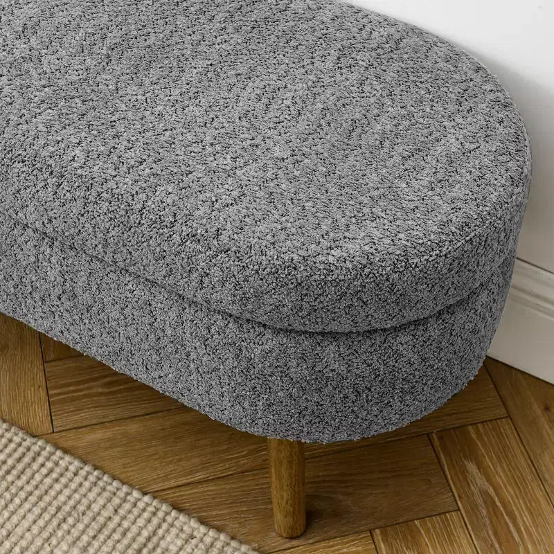 Banc ottoman de rangement ovale Okak Modern en lin avec pieds en bois d'hévéa, long repose-pieds de rangement souple pour salon, entrée, chambre à coucher