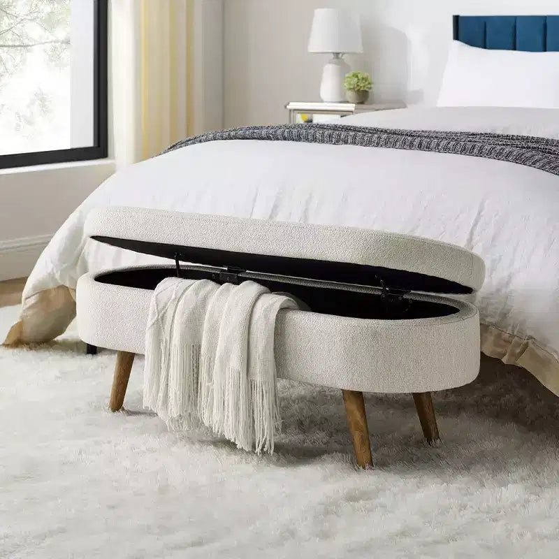 Banc ottoman de rangement ovale Okak Modern en lin avec pieds en bois d'hévéa, long repose-pieds de rangement souple pour salon, entrée, chambre à coucher