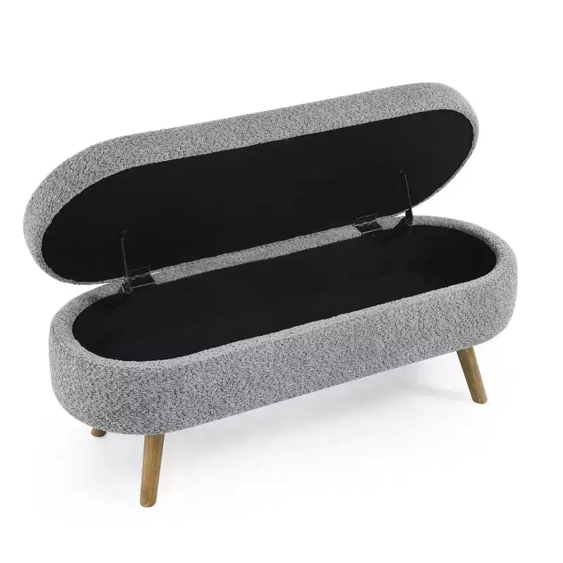 Banc ottoman de rangement ovale Okak Modern en lin avec pieds en bois d'hévéa, long repose-pieds de rangement souple pour salon, entrée, chambre à coucher