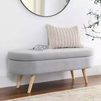 Banc ottoman de rangement ovale Okak Modern en lin avec pieds en bois d'hévéa, long repose-pieds de rangement souple pour salon, entrée, chambre à coucher