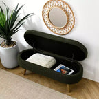 Banc ottoman de rangement ovale Okak Modern en lin avec pieds en bois d'hévéa, long repose-pieds de rangement souple pour salon, entrée, chambre à coucher