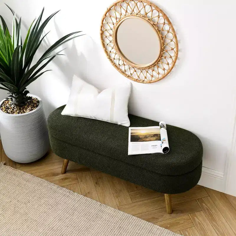 Banc ottoman de rangement ovale Okak Modern en lin avec pieds en bois d'hévéa, long repose-pieds de rangement souple pour salon, entrée, chambre à coucher