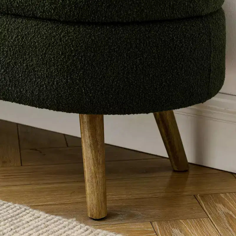 Banc ottoman de rangement ovale Okak Modern en lin avec pieds en bois d'hévéa, long repose-pieds de rangement souple pour salon, entrée, chambre à coucher