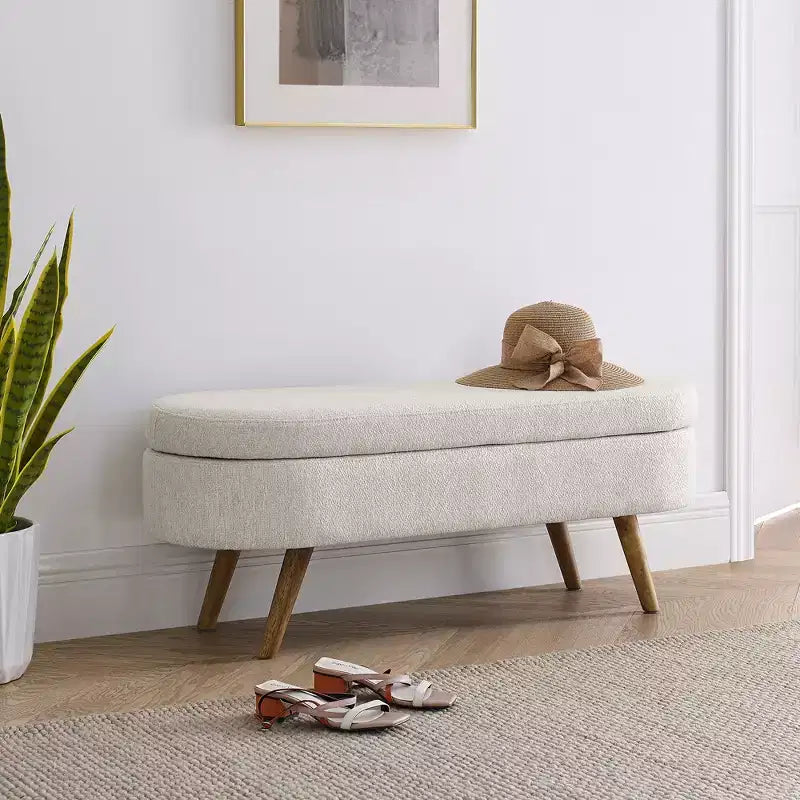Banc ottoman de rangement ovale Okak Modern en lin avec pieds en bois d'hévéa, long repose-pieds de rangement souple pour salon, entrée, chambre à coucher