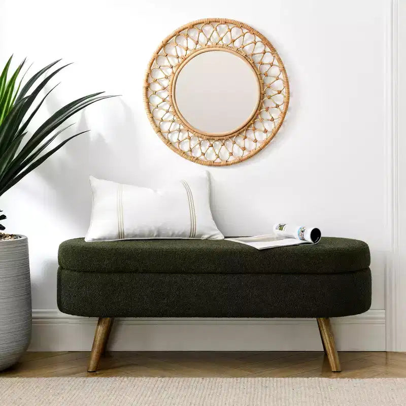 Banc ottoman de rangement ovale Okak Modern en lin avec pieds en bois d'hévéa, long repose-pieds de rangement souple pour salon, entrée, chambre à coucher