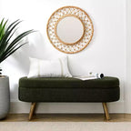 Banc ottoman de rangement ovale Okak Modern en lin avec pieds en bois d'hévéa, long repose-pieds de rangement souple pour salon, entrée, chambre à coucher