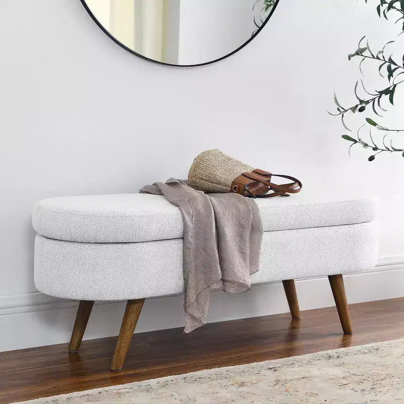 Banc ottoman de rangement ovale Okak Modern en lin avec pieds en bois d'hévéa, long repose-pieds de rangement souple pour salon, entrée, chambre à coucher