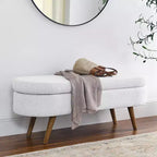 Banc ottoman de rangement ovale Okak Modern en lin avec pieds en bois d'hévéa, long repose-pieds de rangement souple pour salon, entrée, chambre à coucher