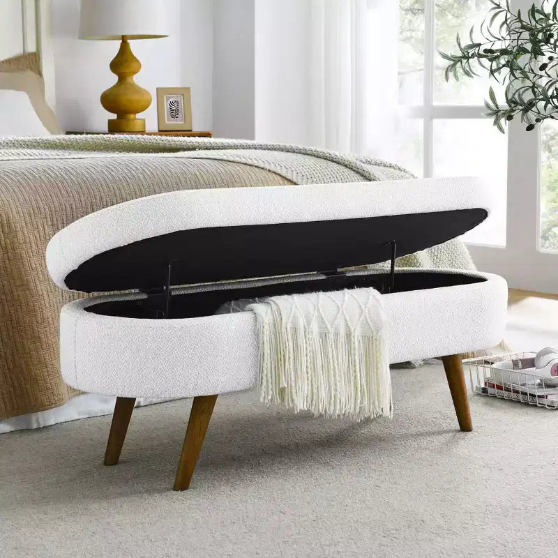 Banc ottoman de rangement ovale Okak Modern en lin avec pieds en bois d'hévéa, long repose-pieds de rangement souple pour salon, entrée, chambre à coucher