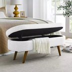 Banc ottoman de rangement ovale Okak Modern en lin avec pieds en bois d'hévéa, long repose-pieds de rangement souple pour salon, entrée, chambre à coucher
