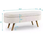 Banc ottoman de rangement ovale Okak Modern en lin avec pieds en bois d'hévéa, long repose-pieds de rangement souple pour salon, entrée, chambre à coucher