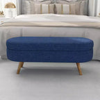 Banc ottoman de rangement ovale Okak Modern en lin avec pieds en bois d'hévéa, long repose-pieds de rangement souple pour salon, entrée, chambre à coucher