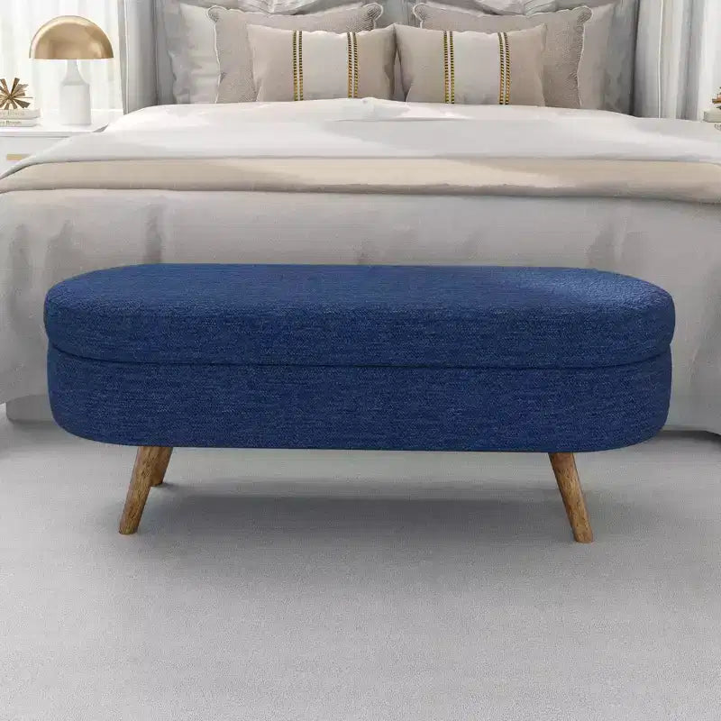 Banc ottoman de rangement ovale Okak Modern en lin avec pieds en bois d'hévéa, long repose-pieds de rangement souple pour salon, entrée, chambre à coucher