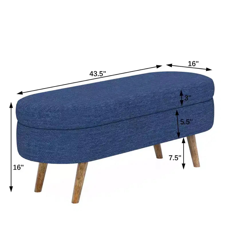 Banc ottoman de rangement ovale Okak Modern en lin avec pieds en bois d'hévéa, long repose-pieds de rangement souple pour salon, entrée, chambre à coucher
