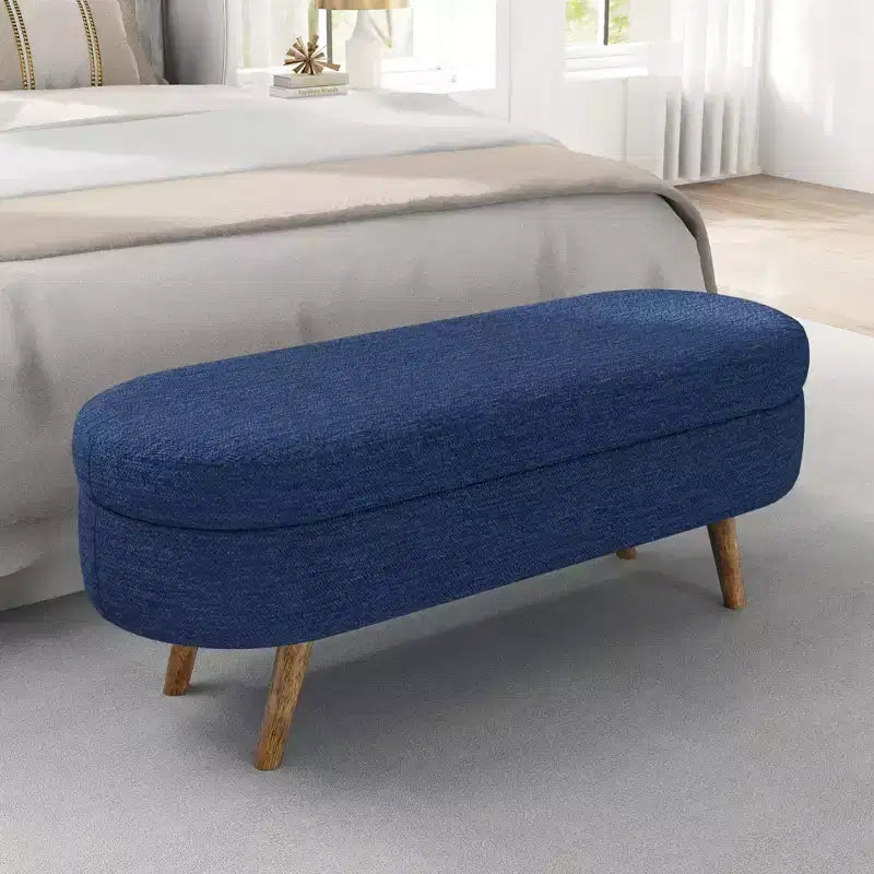 Banc ottoman de rangement ovale Okak Modern en lin avec pieds en bois d'hévéa, long repose-pieds de rangement souple pour salon, entrée, chambre à coucher
