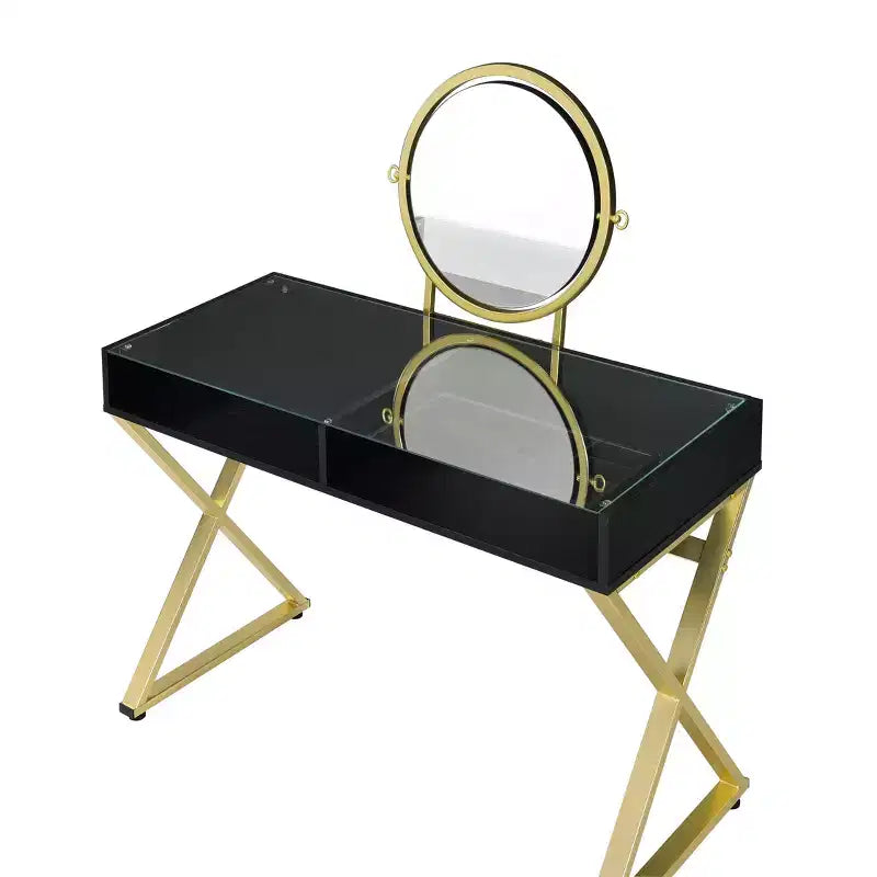 Coiffeuse contemporaine Okak avec miroir, coiffeuse de maquillage avec LED réglable, table de maquillage avec 7 tiroirs pour chambre à coucher