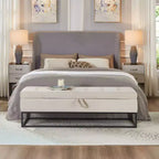 Banc ottoman de rangement en velours Okak 58.6 avec base en métal, capitonné et repose-pieds, banc de lit pour entrée et chambre à coucher.