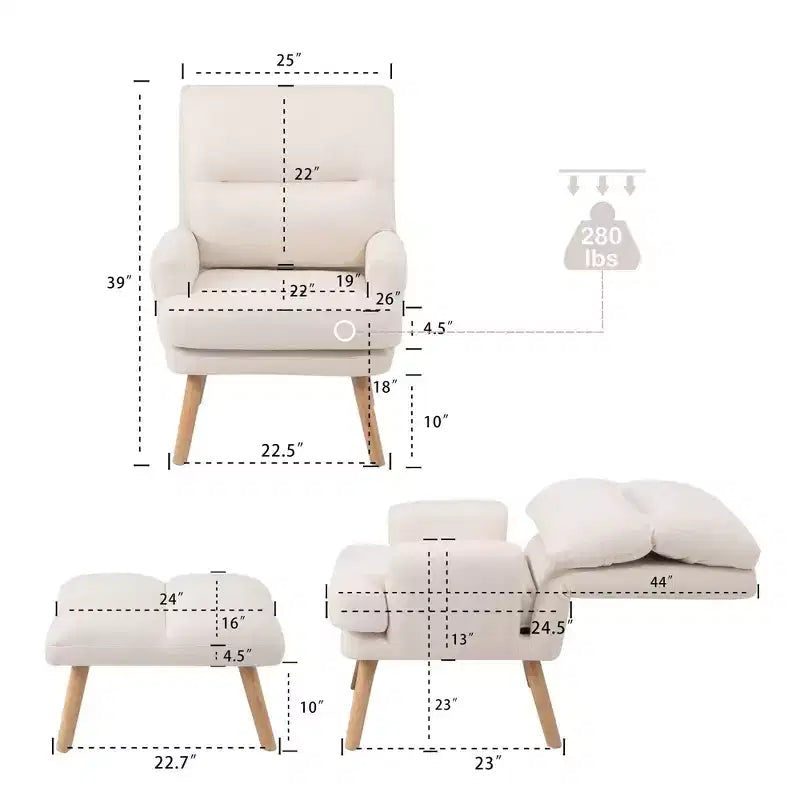 Fauteuil d'appoint moderne Okak avec ottoman et dossier réglable, fauteuil rembourré confortable pour salon, bureau, chambre à coucher