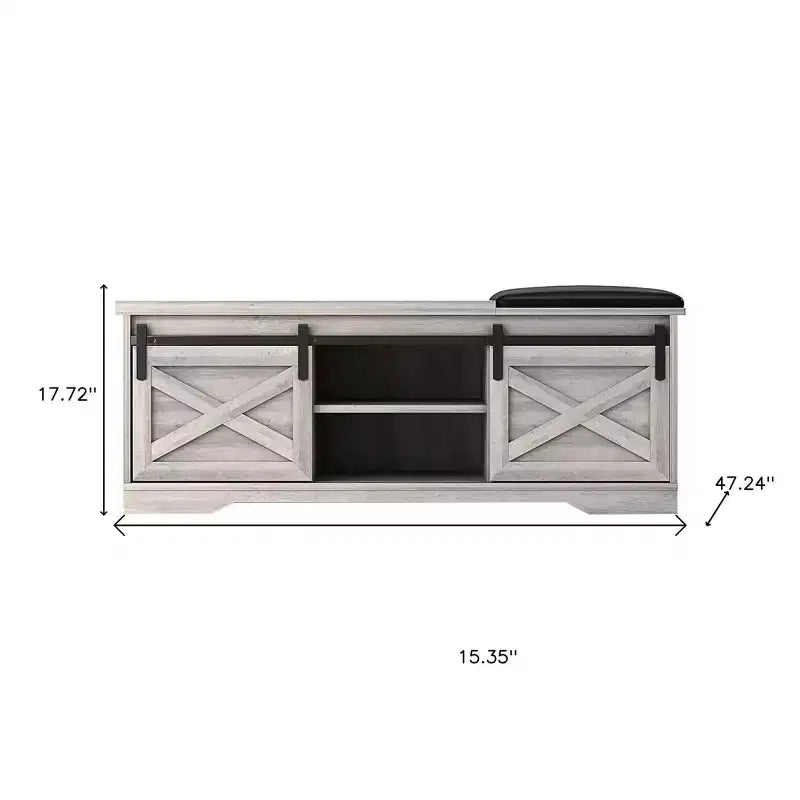 Banc de rangement HomeRoots 47 gris et noir en bois et similicuir avec étagères