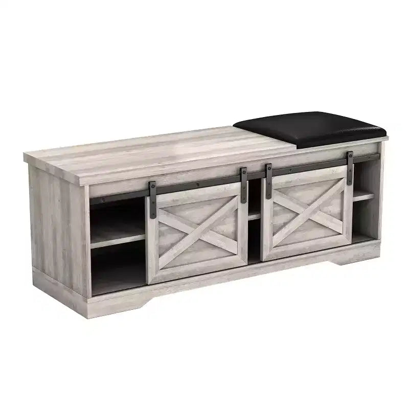 Banc de rangement HomeRoots 47 gris et noir en bois et similicuir avec étagères