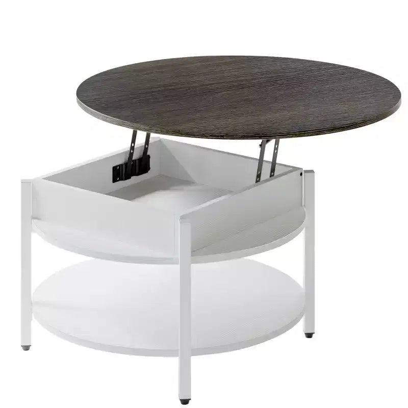 Hausource Table basse ronde relevable 35,4" avec rangement caché, table de style ferme à 2 niveaux, blanche
