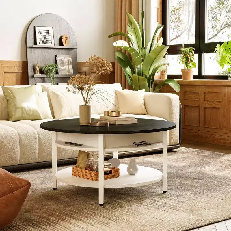 Hausource Table basse ronde relevable 35,4" avec rangement caché, table de style ferme à 2 niveaux, blanche