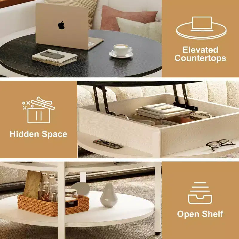 Hausource Table basse ronde relevable 35,4" avec rangement caché, table de style ferme à 2 niveaux, blanche