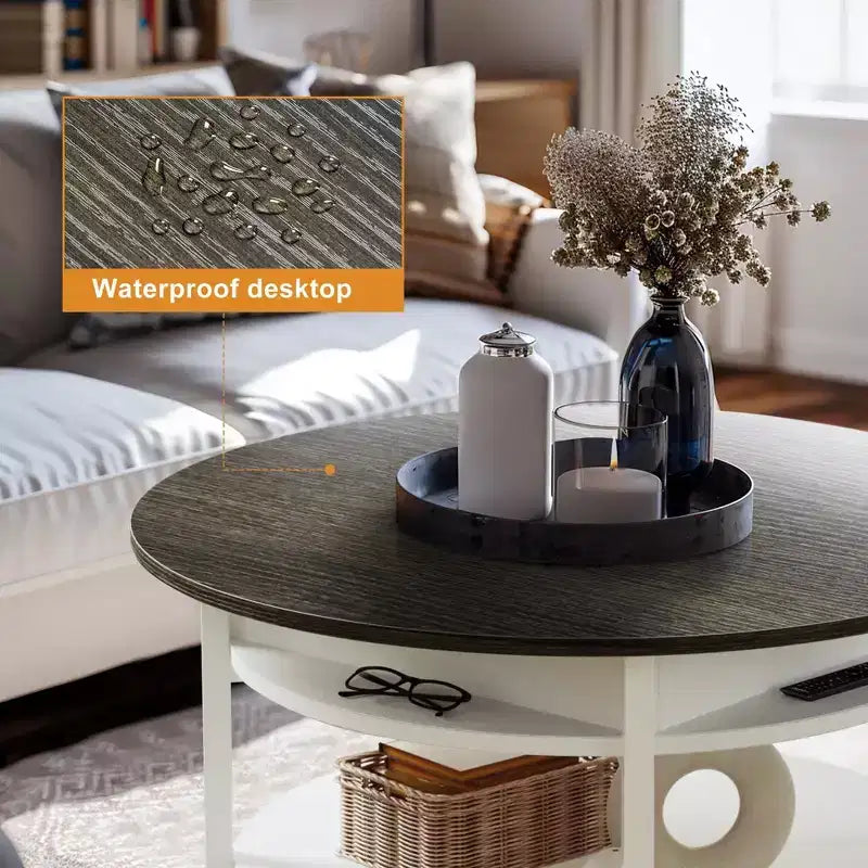 Hausource Table basse ronde relevable 35,4" avec rangement caché, table de style ferme à 2 niveaux, blanche