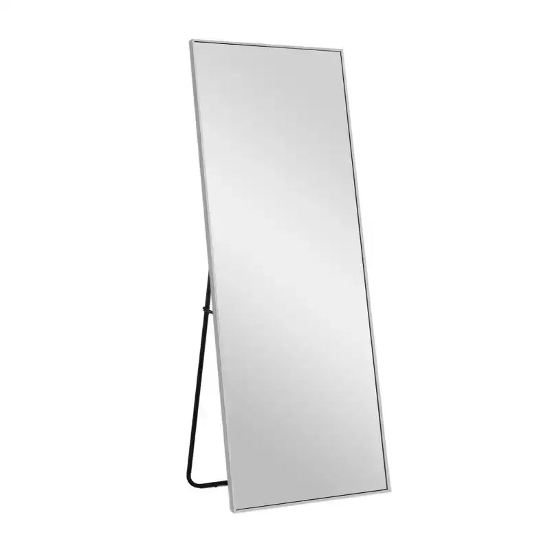MAYEERTY Miroir pleine longueur rectangulaire à bords fins en aluminium, 64,17x21,26x0,59 pouces, couleur argent, avec support