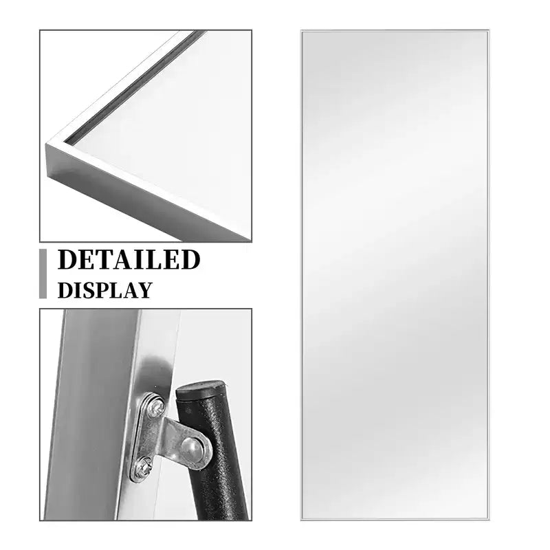 MAYEERTY Miroir pleine longueur rectangulaire à bords fins en aluminium, 64,17x21,26x0,59 pouces, couleur argent, avec support