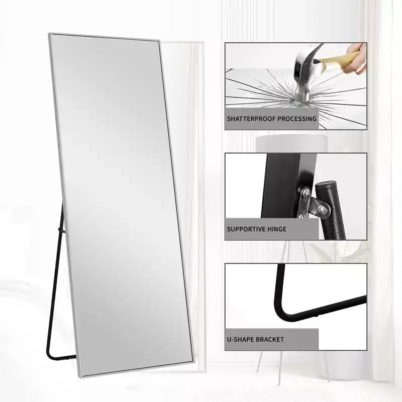 MAYEERTY Miroir pleine longueur rectangulaire à bords fins en aluminium, 64,17x21,26x0,59 pouces, couleur argent, avec support