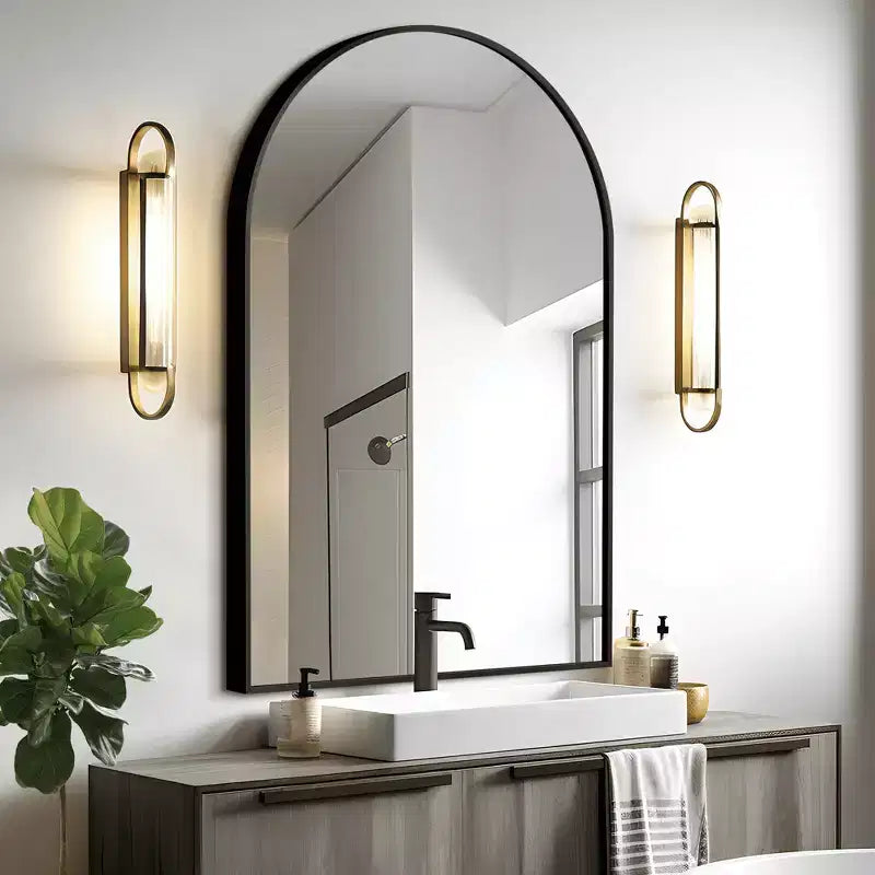 Miroir mural arqué MAYEERTY 36x24 noir, miroir décoratif suspendu avec cadre fin en aluminium à angle droit pour salle de bain et entrée