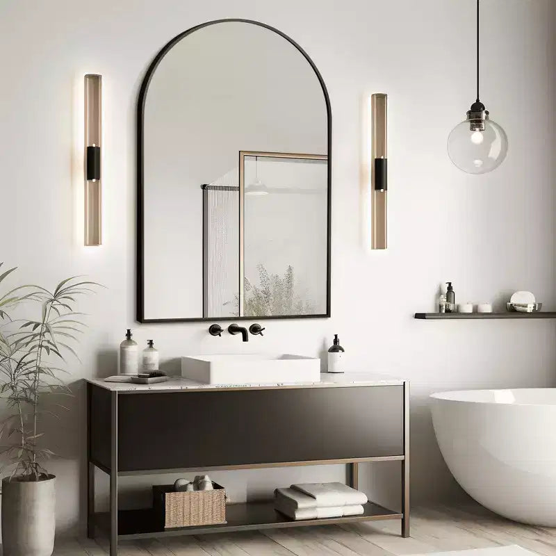 Miroir mural arqué MAYEERTY 36x24 noir, miroir décoratif suspendu avec cadre fin en aluminium à angle droit pour salle de bain et entrée