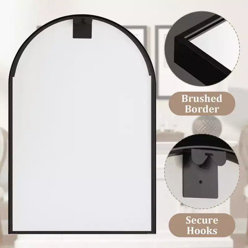Miroir mural arqué MAYEERTY 36x24 noir, miroir décoratif suspendu avec cadre fin en aluminium à angle droit pour salle de bain et entrée